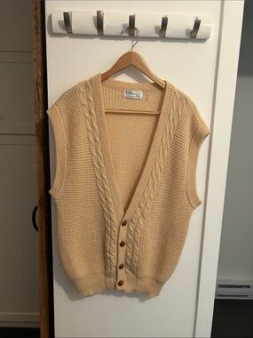 Authentic Christian Dior Wool, XL Cream Cable-Knit Button Front Sweater Vest